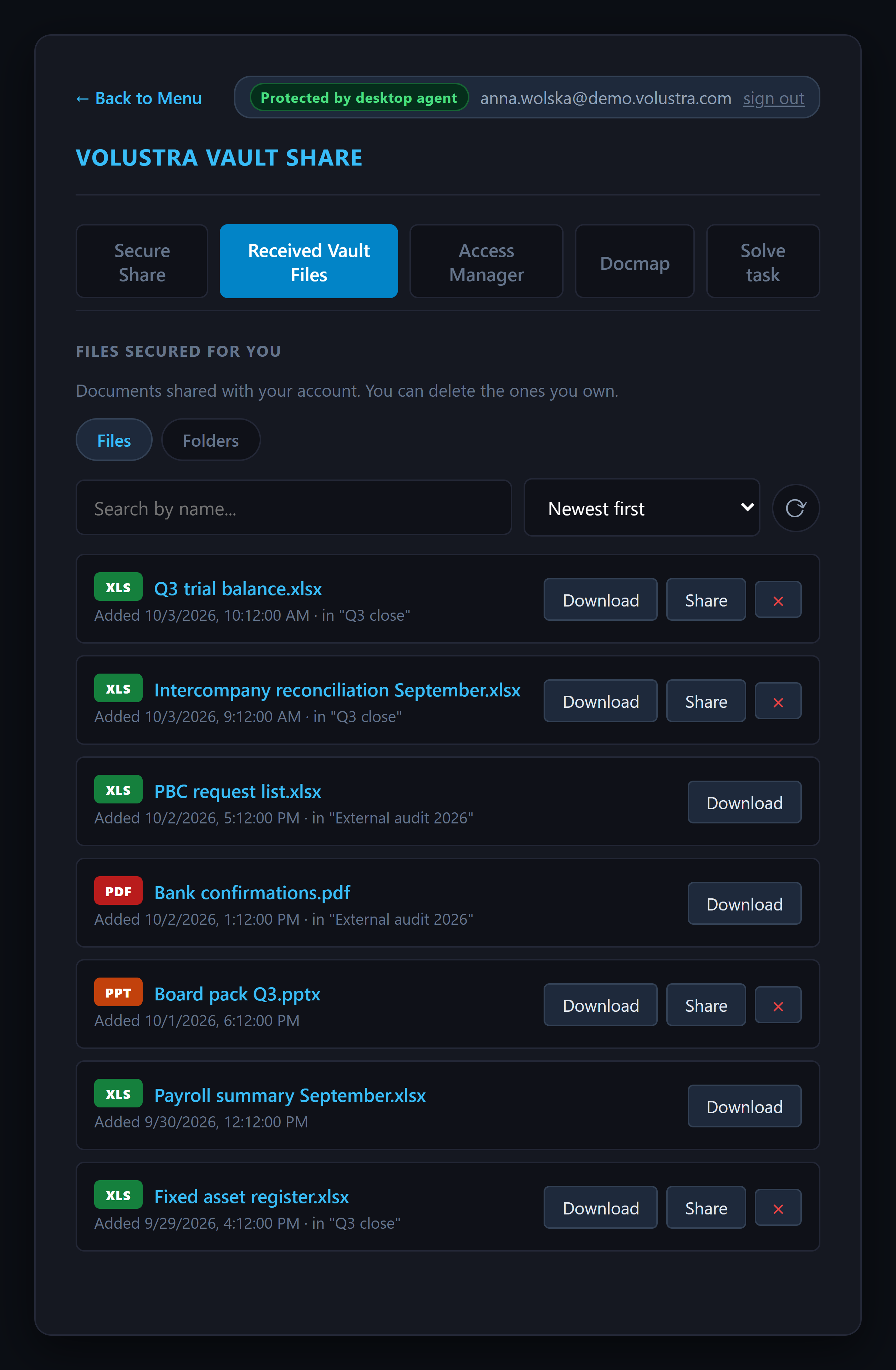 Received Vault Files in the Volustra web app: workbooks and documents shared with the user